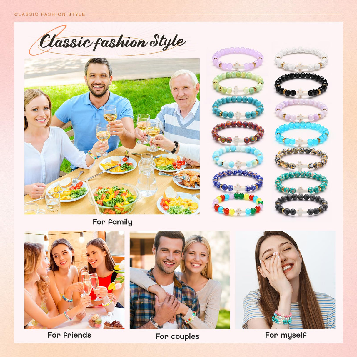 Huquary 24 Pcs Cross Beaded Bracelets, 8mm Christian Stone, Stylish