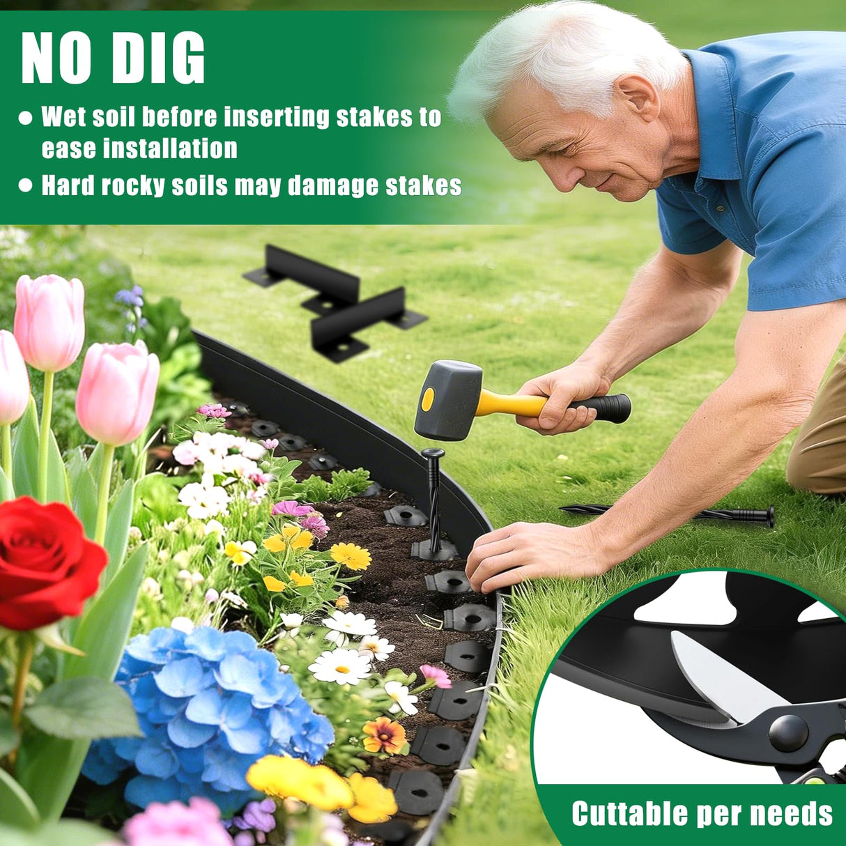 YUYIUS Landscape Edging Border - 1.5”x40’ Garden Edging Border with 40 Stakes, No Dig Lawn Edging for Landscaping for Garden Bed, Thickened Top Edge Flexible Flower Bed Border Edging for Outdoor