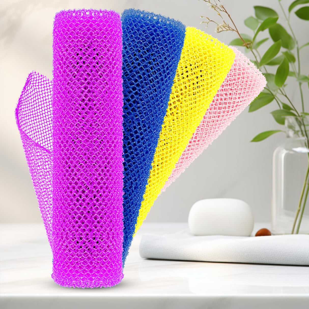 4 Pieces African Net Sponge – Premium African Net Sponge for Deep Exfoliation Quick-Dry and Reusable Mesh for Smooth Skin(Yellow Pink Purple Blue)