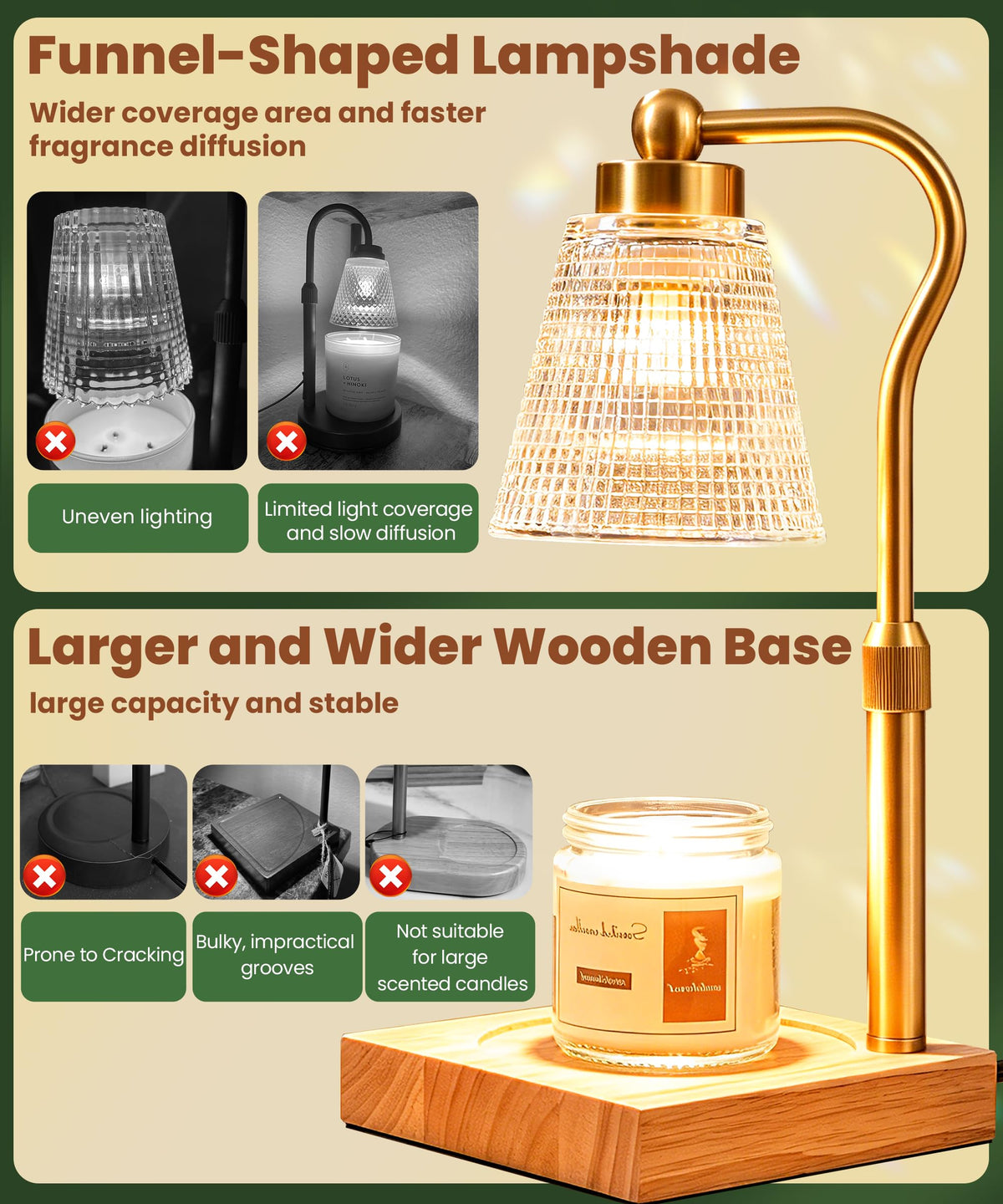 Height Adjustable Candle Warmer Lamp with Timer, 3 Dimmable Wax Melt Warmer, Birthday Gifts for Women Mom, House Warming Gifts New Home Decor, Candle Warmer for Jar Candles with 2 Bulbs, Gold-Clear