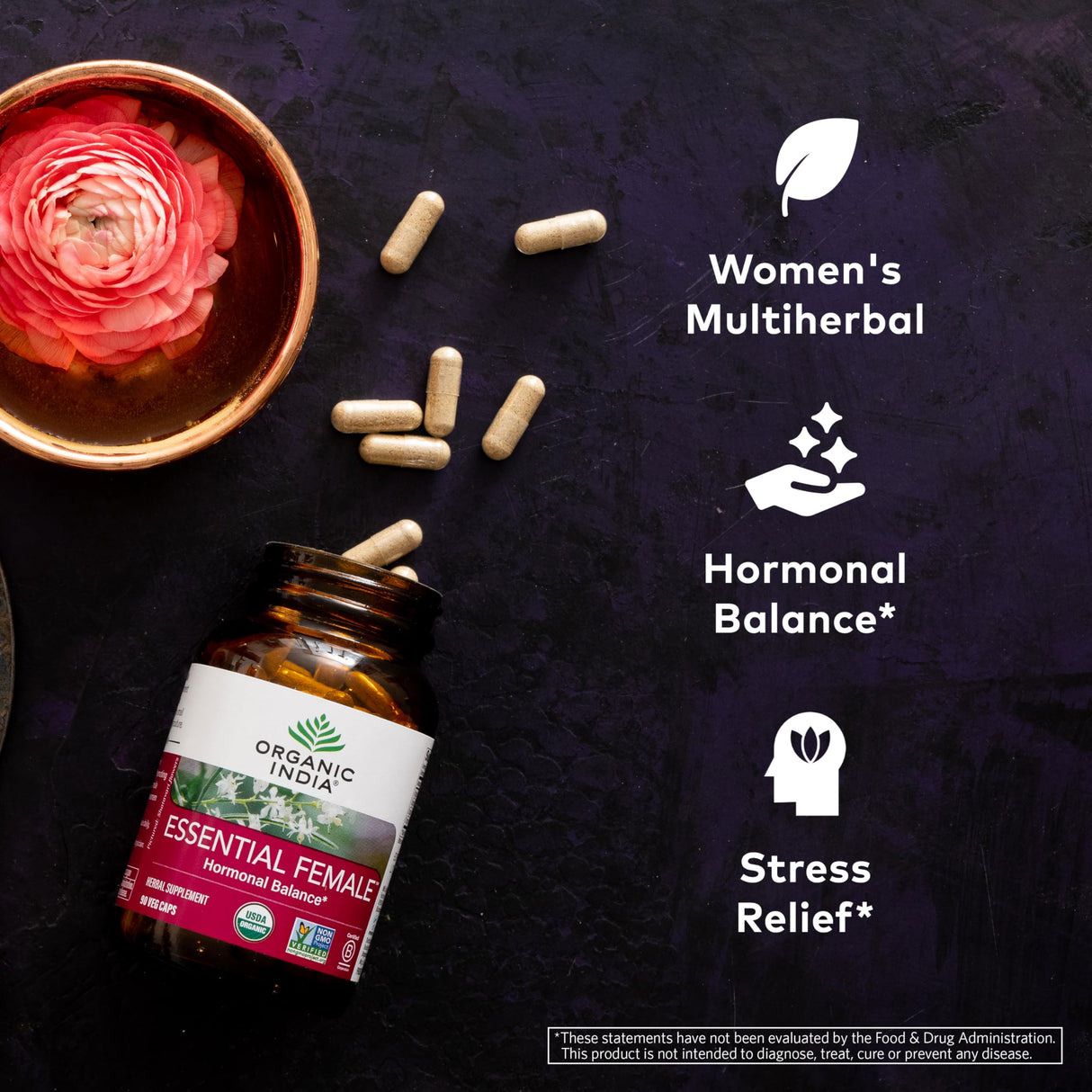 ORGANIC INDIA Essential Female Herbal Supplement - Hormonal Balance, Women's Formula, Reproductive Health, Adaptogen, Ayurvedic, USDA Certified Organic, Non-GMO - 90 Capsules