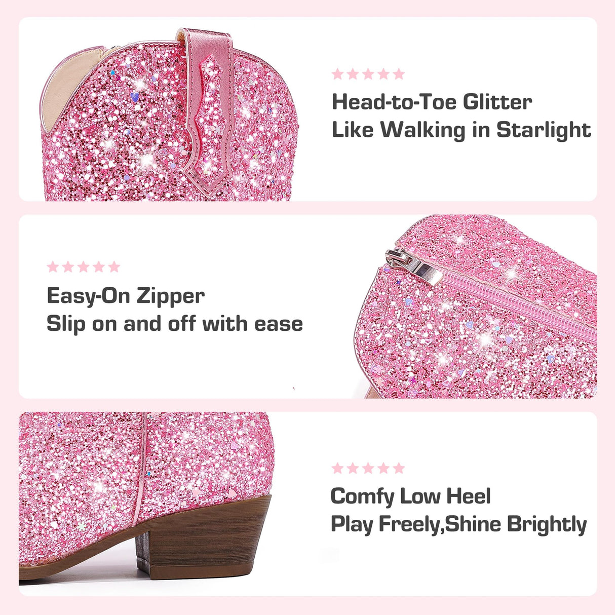 Motasha Cowgirl Boots For Girls Sparkle Girl Cowboy Boots Big Kids Glitter Sequin Dress Toddler Girls' Boot Dressy Western Sparkly Pink 8 Year Old Size 1 Christmas Halloween(M7122 Sequins Pink 1)