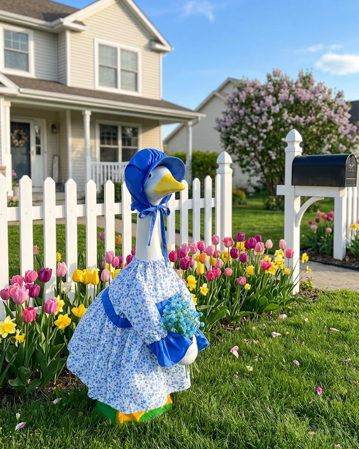 GigaCircle Spring Porch Goose Lady Outfits with Artificial Flowers - 23" Floral Dress Lawn Geese Clothes with Hat, Cute Porch Goose Summer Outfits for Patio Garden Decor, Best Gift for Mom Grandma