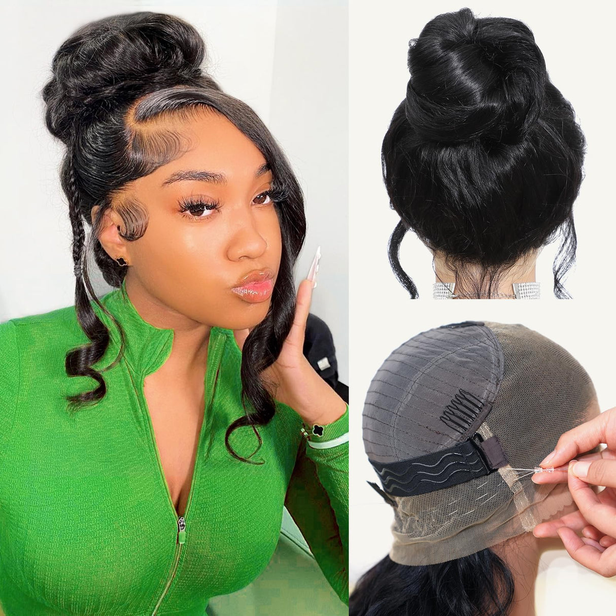Hidden Strap Drawstring Wig 360 Lace Front Wigs Human Hair Pre Plucked, 200 Density Glueless Body Wave Frontal 360 Human Hair Full Lace Human Hair Wigs, HD Lace Front Wigs16 Inch