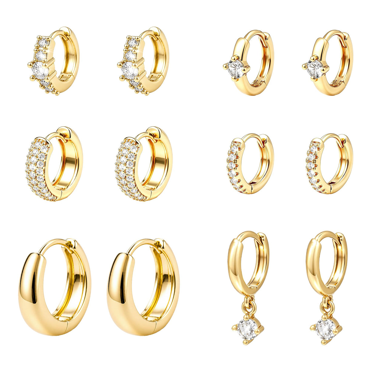 Wgoud 12 Pairs Small 14K Gold Plated Chunky Hoop Earrings for Women Hypoallergenic Lightweight Gold/Silver Hoop Earring Set for Sensitive Ears Trendy Cartilage Huggie Hoops Stacks for Multiple Piercing Jewelry (Gold-6 pairs- round)