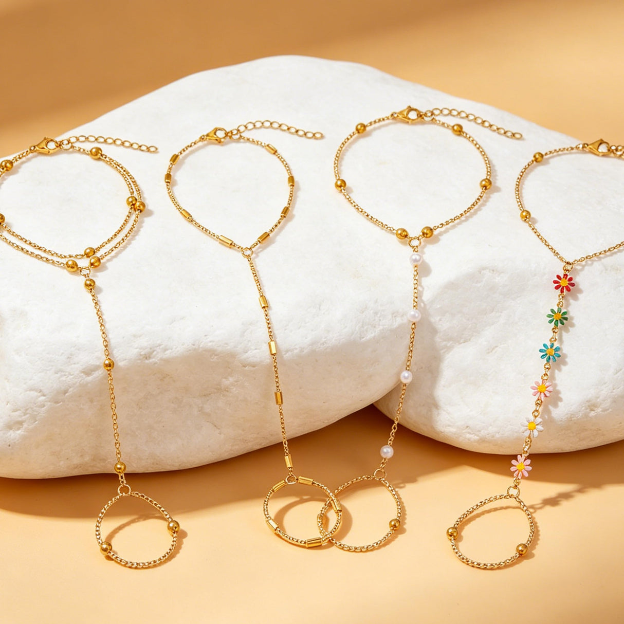 BOMAIL 7Pcs 14K Gold Plated Gold Hand Chain Bracelets for Women