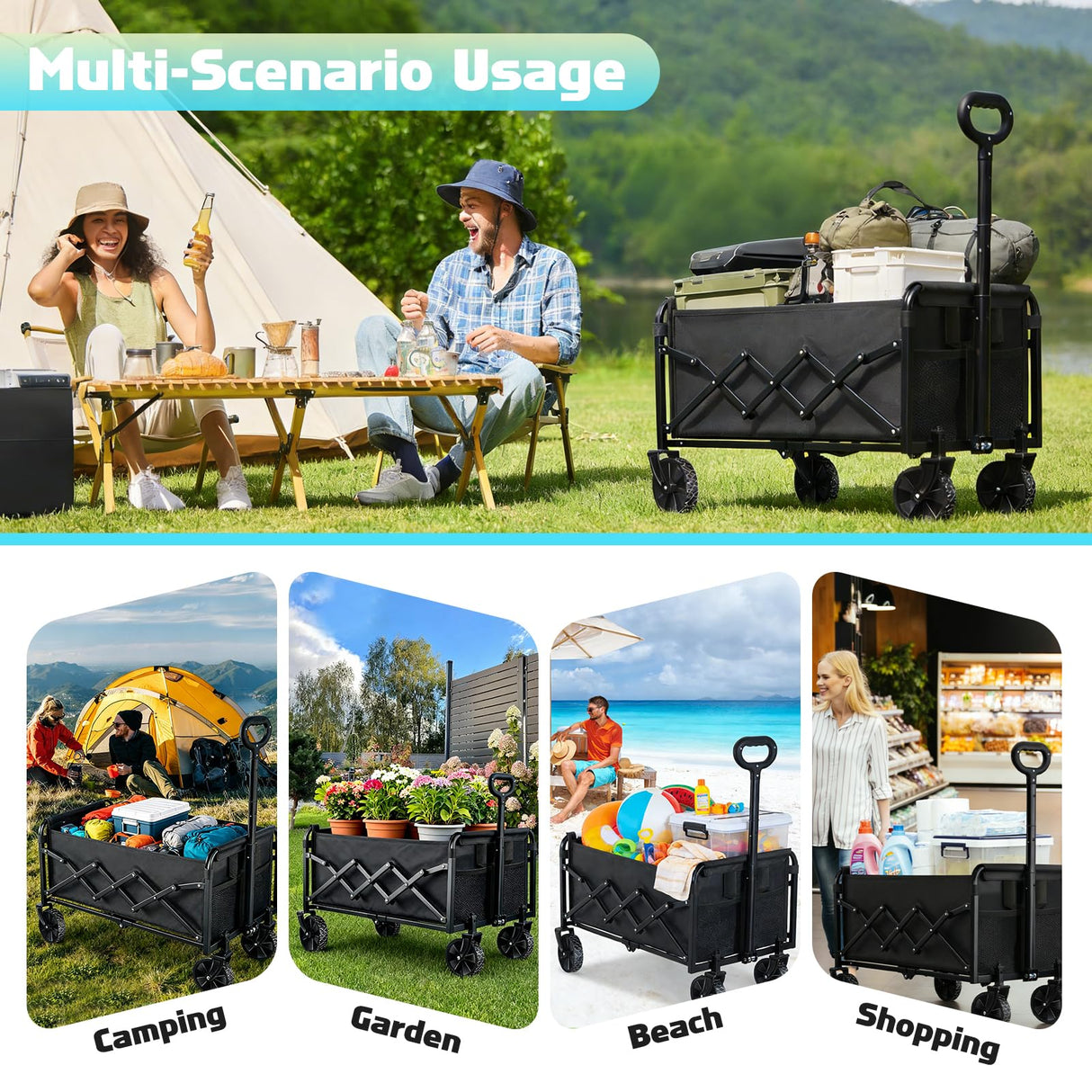 280LBS Collapsible Wagon Cart Foldable, Lightweight Grocery Cart with Wheels