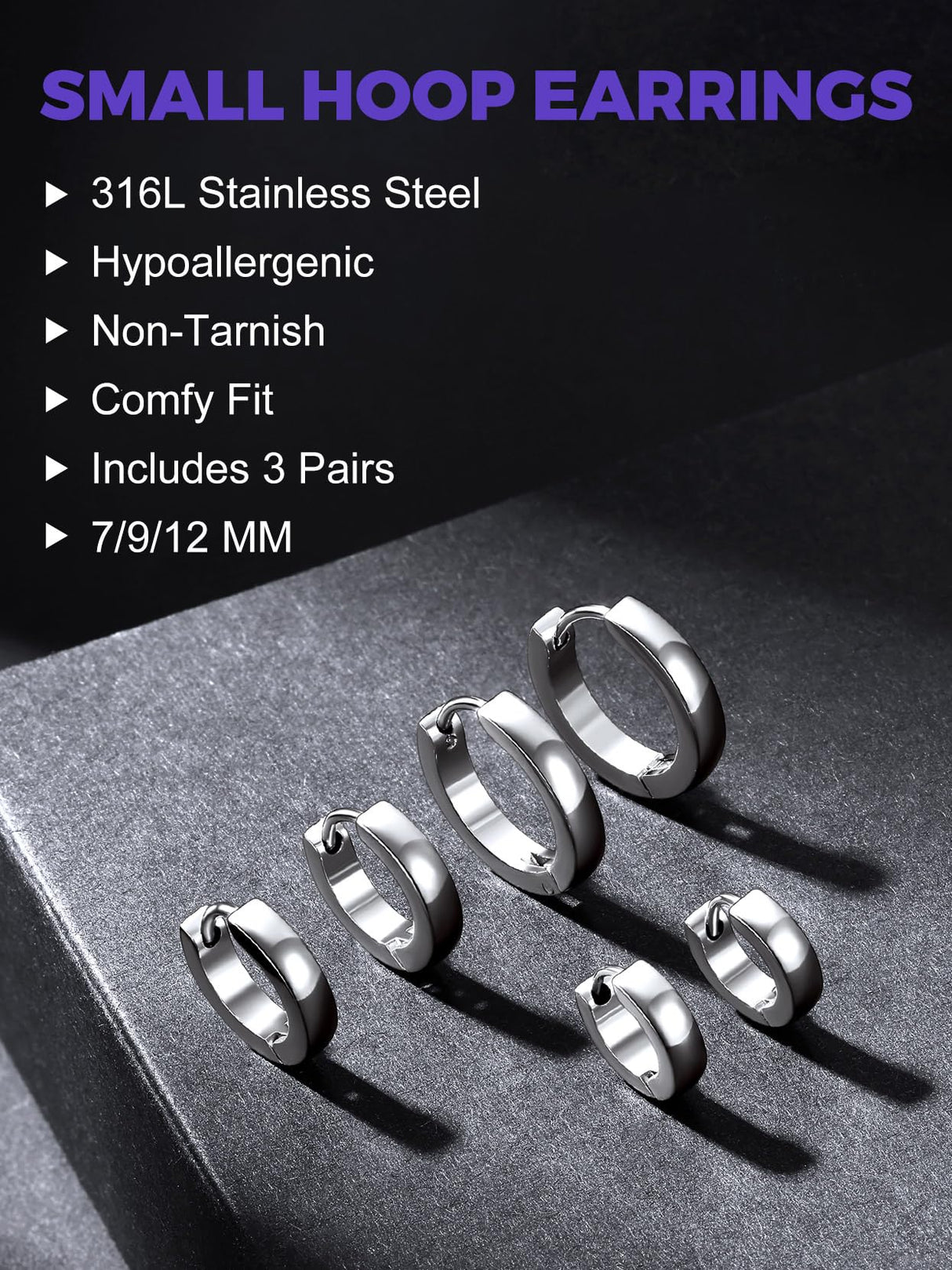 Richsteel 3 Pairs Mens Hoop Earrings Sets, Hypoallergenic Stainless Steel