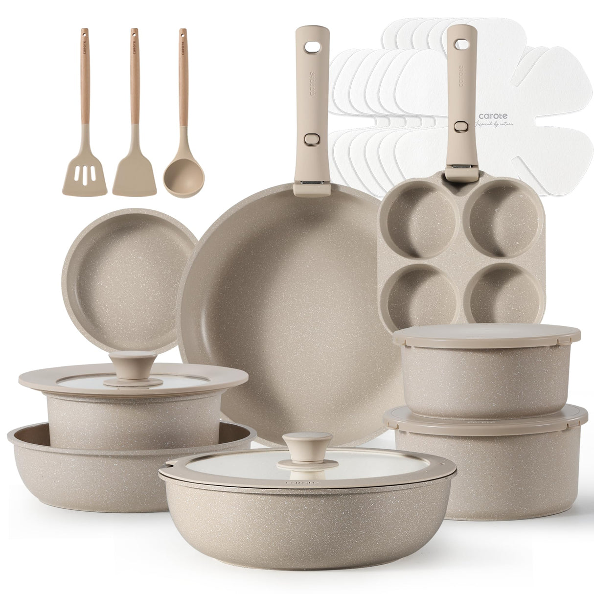 CAROTE 23pcs Detachable Handle Pots and Pans Set, Nonstick Cookware Set, Removable Handle Pots and Pans Non Stick, RV Oven Safe Cookware, Induction Kitchen Set, Taupe, Dishwasher Safe
