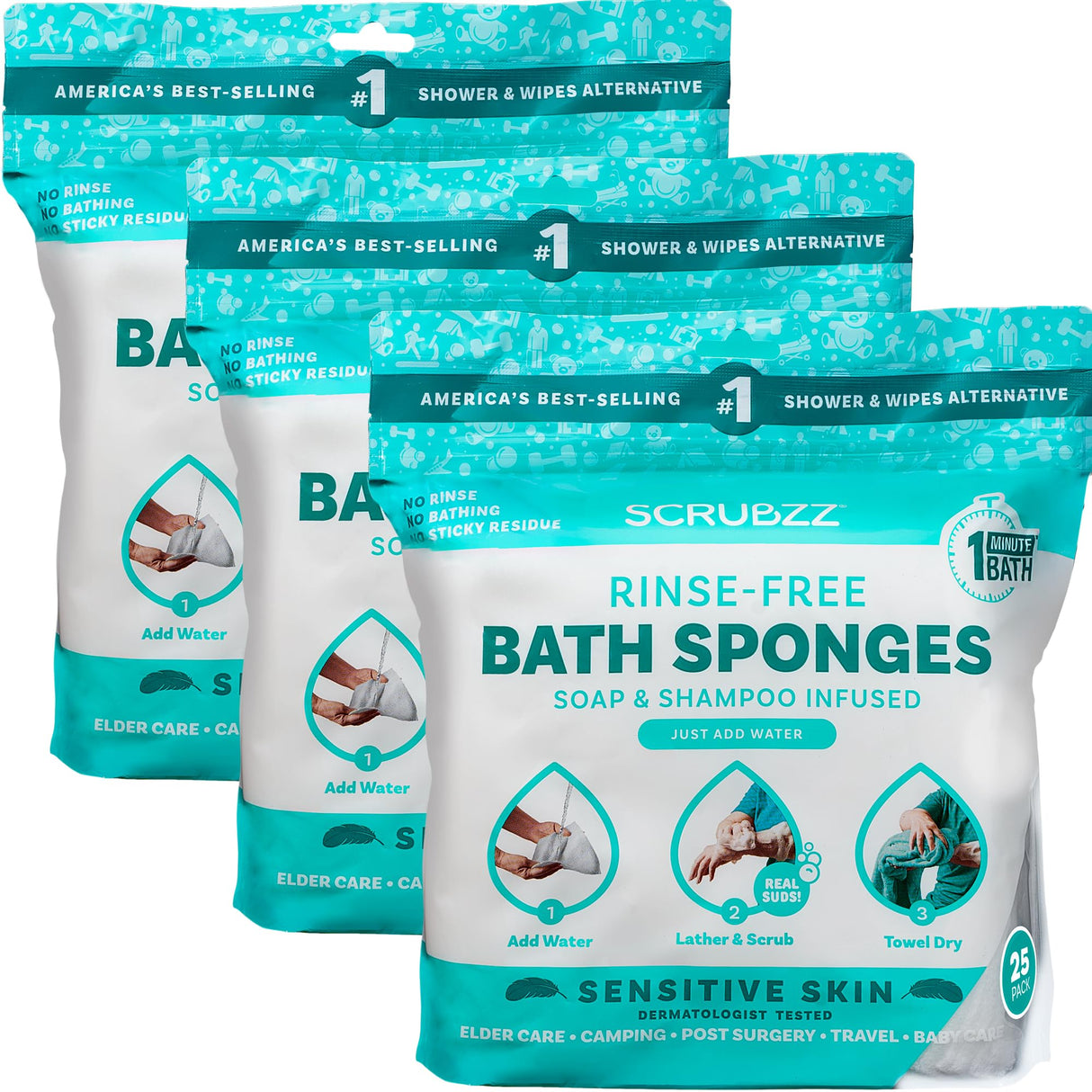 Scrubzz Disposable No Rinse Bathing Wipes for Sensitive Skin - All-in-1 Single Use Shower Wipes, Simply Dampen, Lather, and Dry Without Shampoo or Rinsing (Sensitive Skin, 3-Pack)