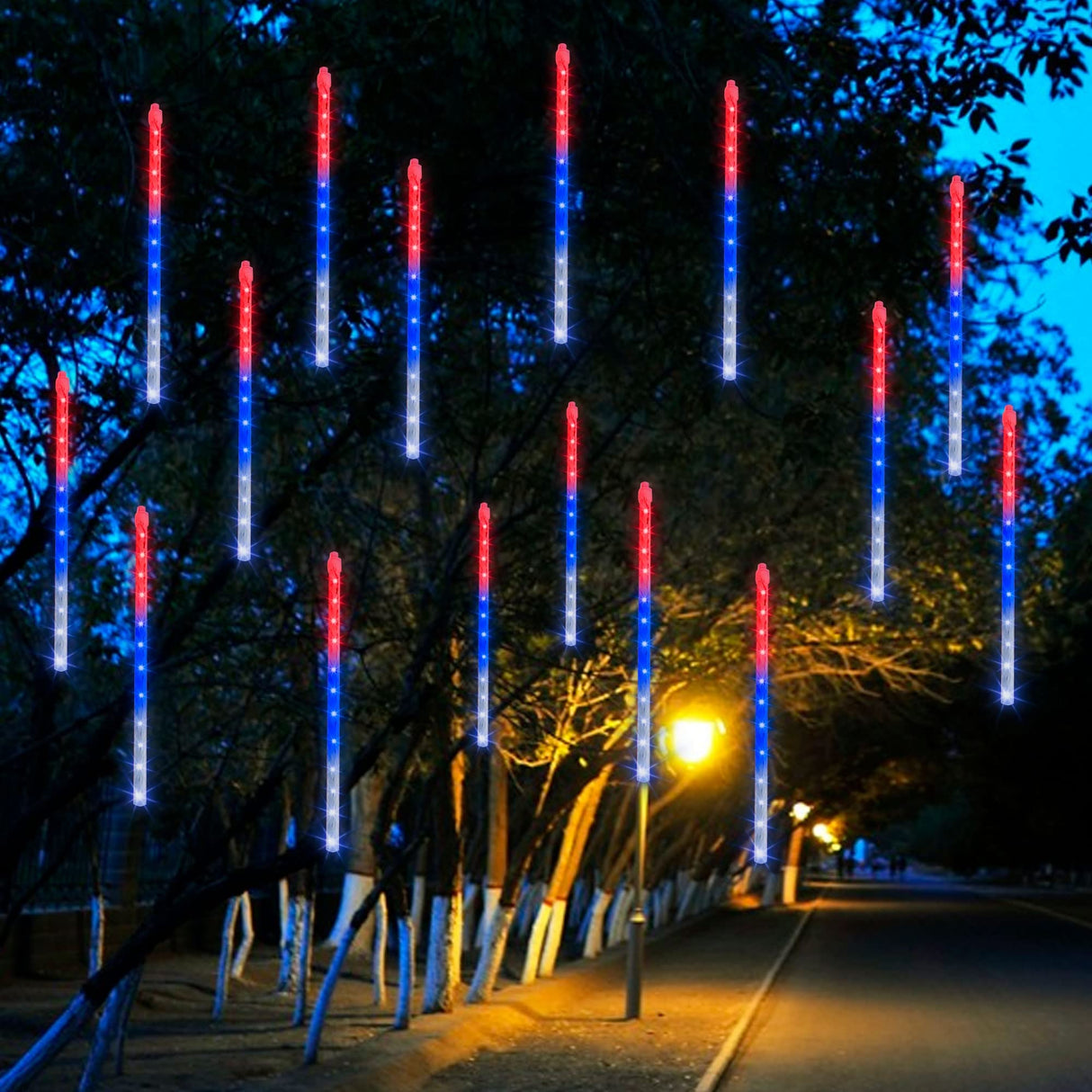 Dazzle Bright 4th of July Lights Decorations, 288LED Red Blue and White Meteor Shower Rain Lights 12Inch 8 Tubes, Waterproof Plug in Falling Rain Light Independence Day for Outdoor Yard