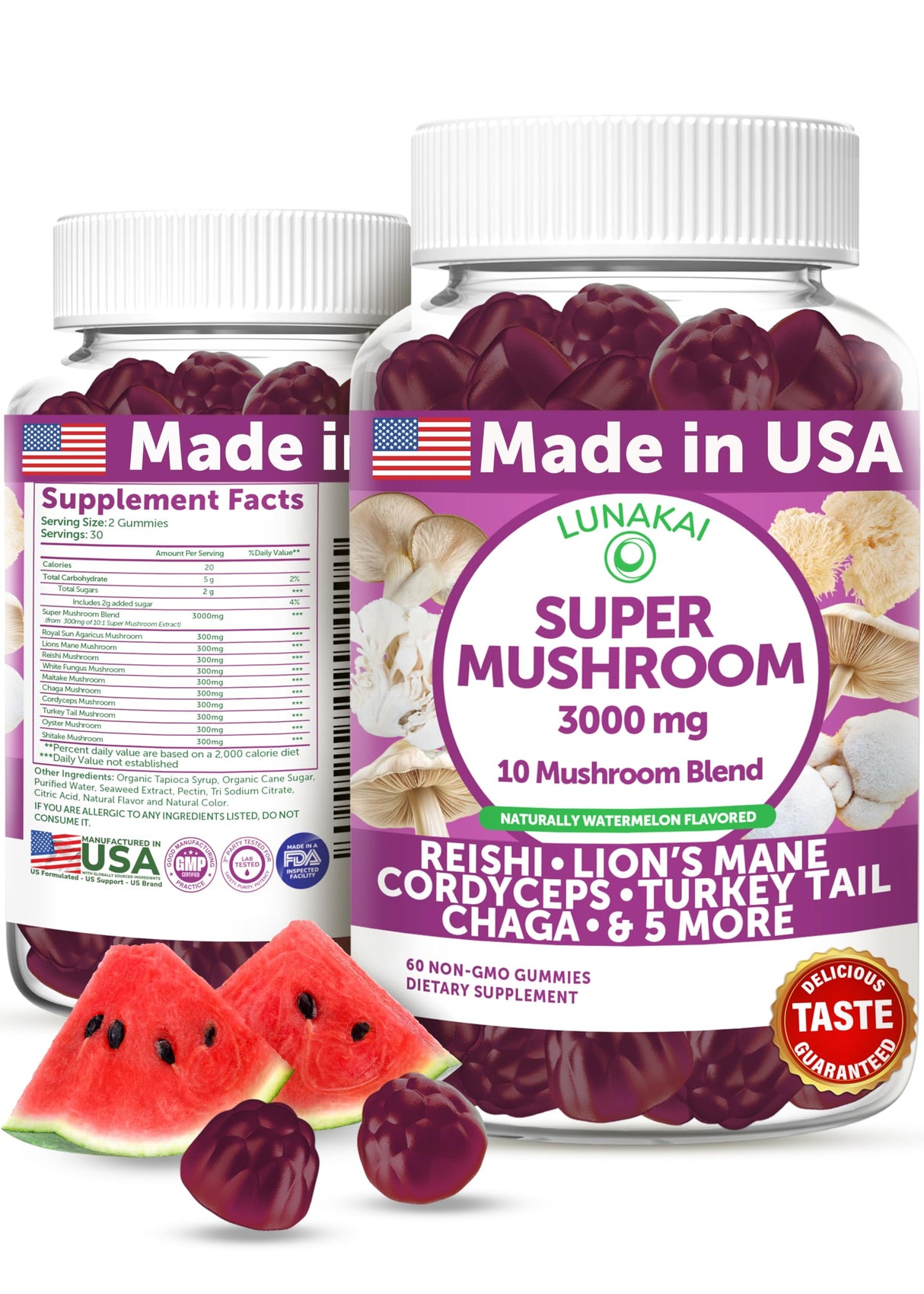 Lunakai USA Made Super Mushroom Gummies for Adults – 10-in-1 Adaptogenic Mushroom Supplement with Lion's Mane - Focus & Brain Support, 60ct
