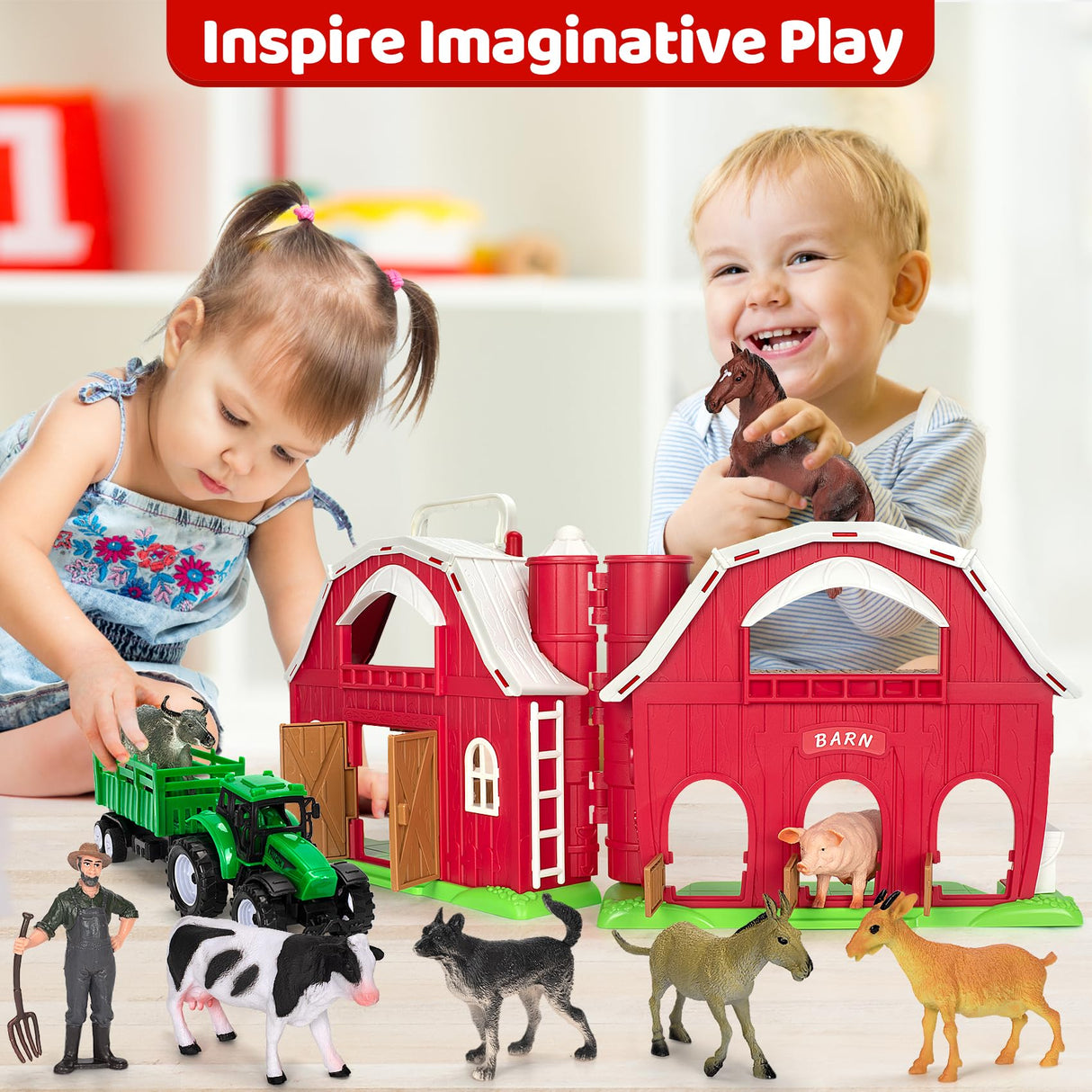 Farm Animals Toys for 1 2 3 4 5 Year Old Toddlers Girls Boys, Big Red Barn Farm Playset with Figures Animals and Tractor Toy for Kids 3-5, Educational Learning Toys, Christmas Birthday Easter Gifts