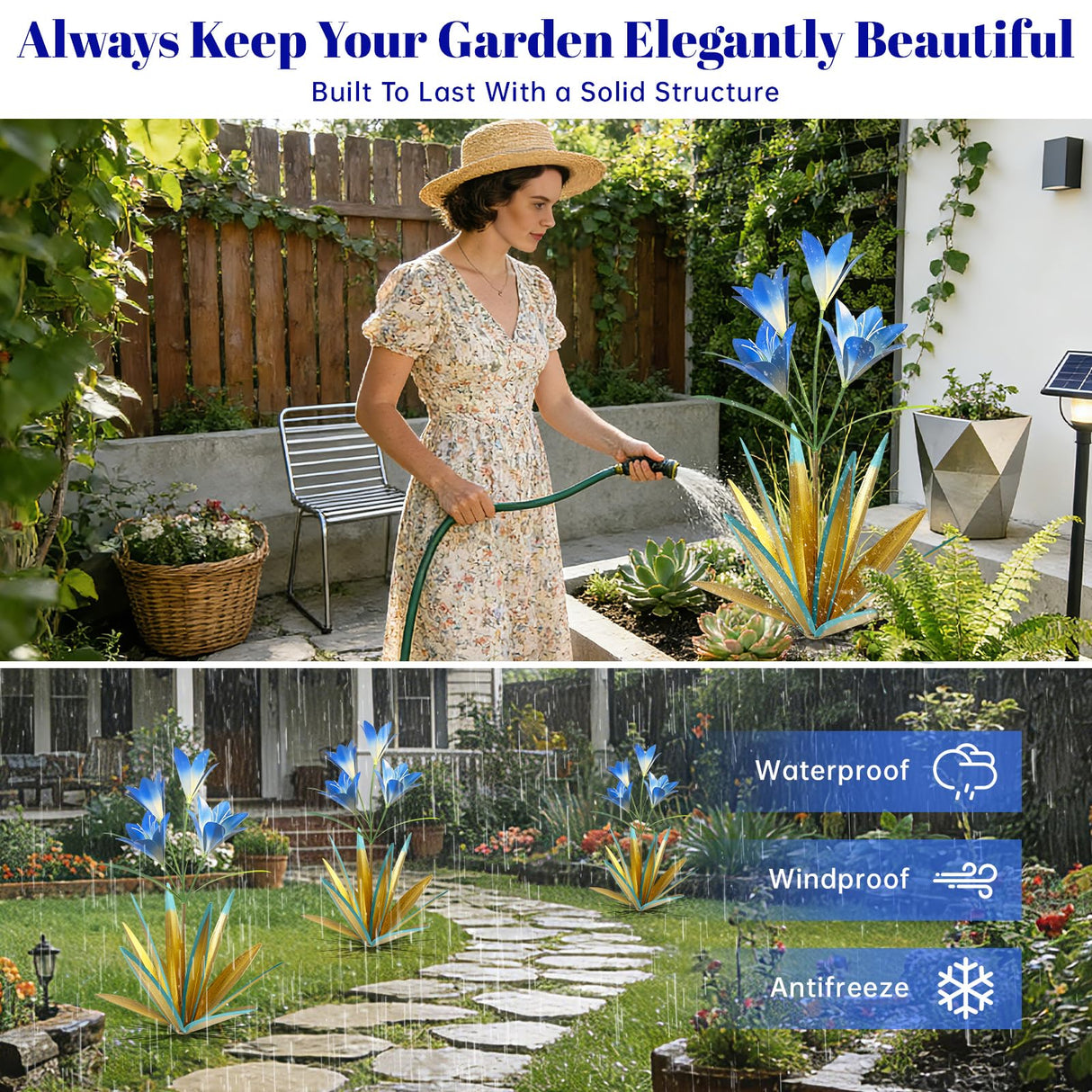 TOMBABY 32.28 Inch Metal Agave Plant Outdoor Decoration Lily Mexican Yard Art Garden Gift Home Decor Hand Painted Metal Agave Garden Yard Statue (1pc, Blue)