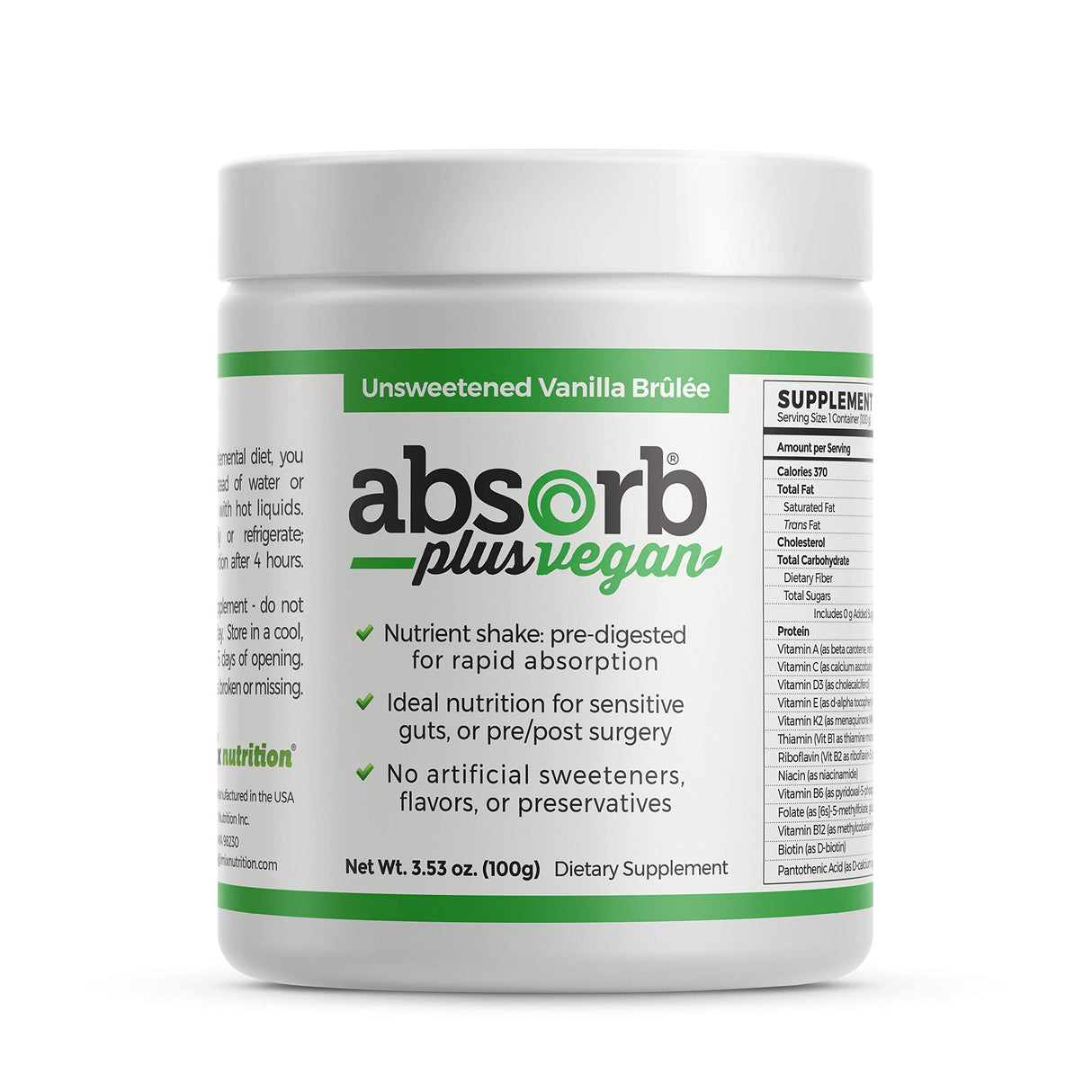 Absorb Plus Vegan Isolate Protein - Gut Health, Nutritional Support, Natural Ingredients, Non-GMO, Gluten-Free, Organic Sprouted Rice Protein (100g, Unsweetened Vanilla Brûlée)