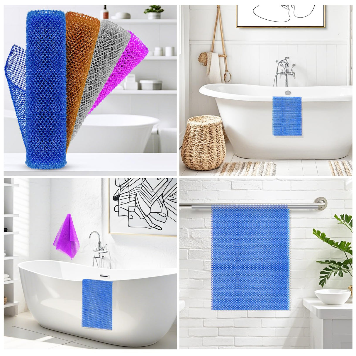African Net Sponge Exfoliating Body Scrubber - 4 Pieces Long Bath Sponge for Shower, Back Cleanser Smoother, Natural Exfoliation, Gentle for Sensitive Skin, Daily Use(Brown, Blue, Purple,Grey)