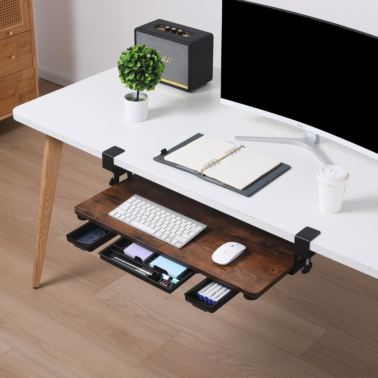Keyboard Tray Under Desk with Drawer,26.77" X 11.81"Large Size Keyboard Tray with C Clamp-on Mount, Easy to Install, for Home Office (Mahogany)