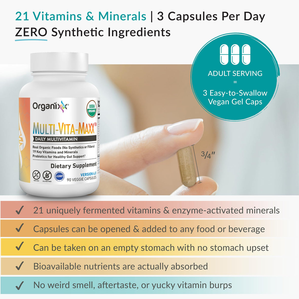 Organixx Vegan Multivitamin for Women & Men, with Vitamin C, D3, Vitamin B Complex, Probiotics, Organic Fruits and Vegetables, Supports Digestive, Gut Health, Immune Support, 90 Gel Capsules