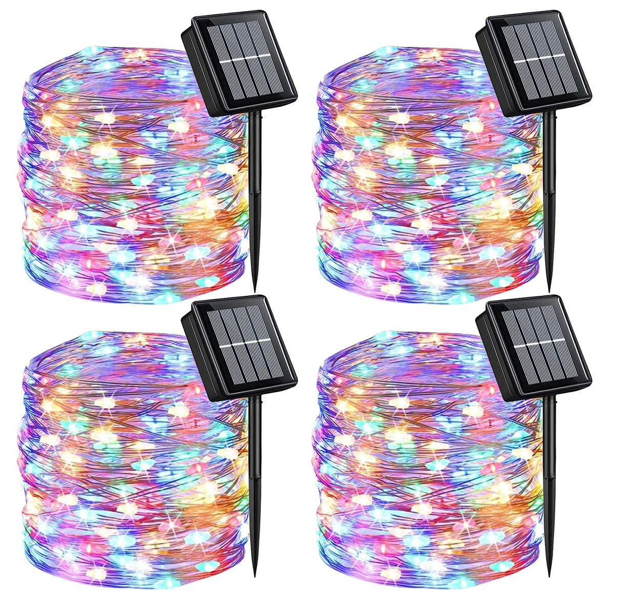 QITONG 4 Pack Multicolor Solar Christmas Lights Outdoor Waterproof, Each 33ft 100 LED Fairy Lights, 8 Modes Silver Wire Mini Twinkle Lights