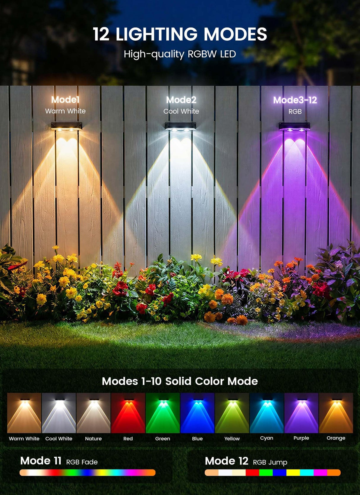 Brightown 4 Pack Solar Lights Outdoor Waterproof, Color Changing Solar Fence Deck Step Flood Lights, Warm White & RGBCW 11 Color, IP65 Waterproof Garden Lights