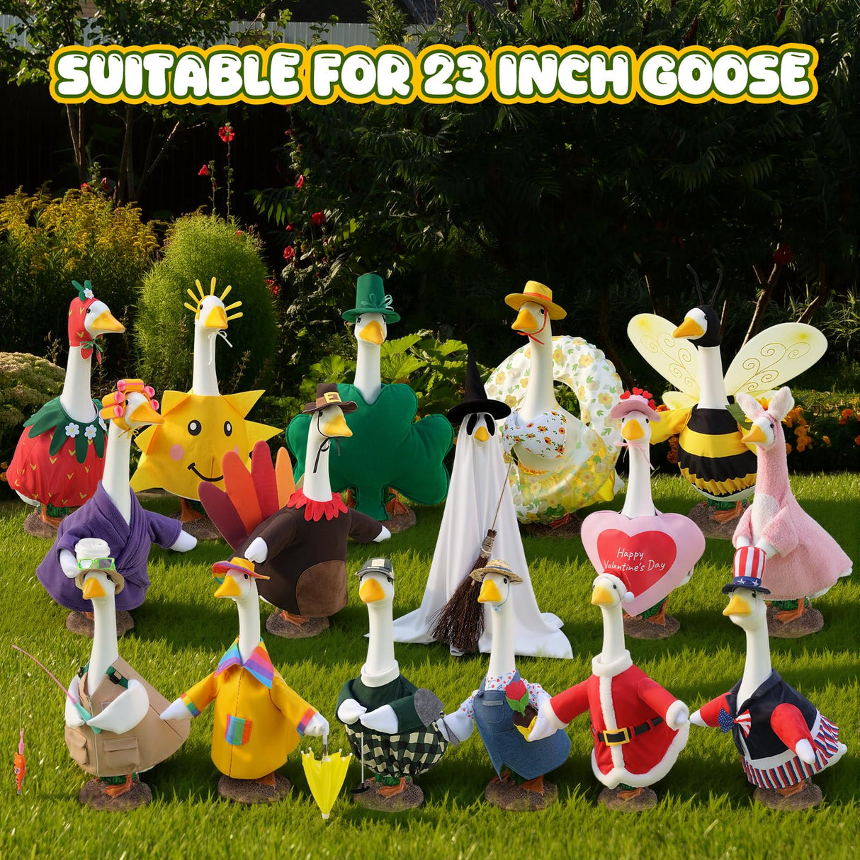 SilTriangle 16 Set Holiday Porch Goose Outfits All Seasons Bundle for Summer Hawaiian 4th of July Halloween Christmas St. Patrick Easter Valentine Concrete Porch Goose Clothes for Patio Yard Lawn