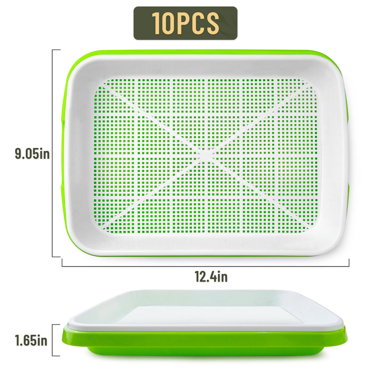 warmfarm Pack 10 of Seed Sprouter Tray with Drain Holes,Seed Germination Trays Kit BPA Free Nursery Tray,Soil-Free Wheatgrass Tray Sprouter Microgreens Growing Kit (Green-10 Pack)