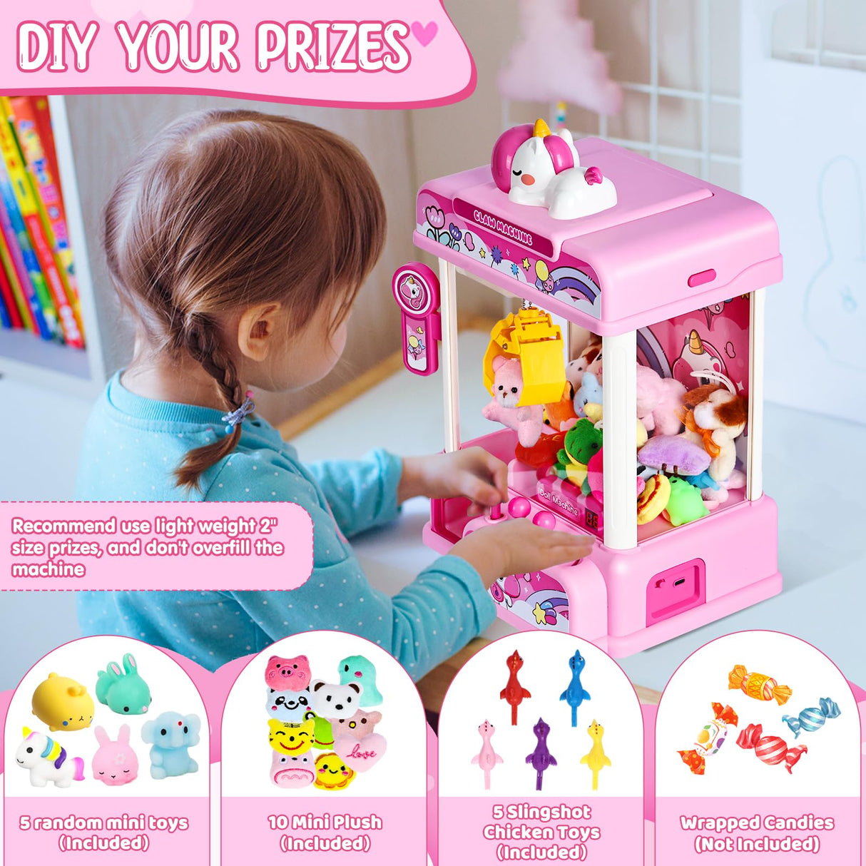 CWLAKON Claw Machine for Kids, Mini Vending Machine Girls Unicorn Toys with Sound & 20 Mini Toys, Candy Grabber Prize Dispenser Machine Electronic Arcade Games, Christmas Birthday Gifts, Pink