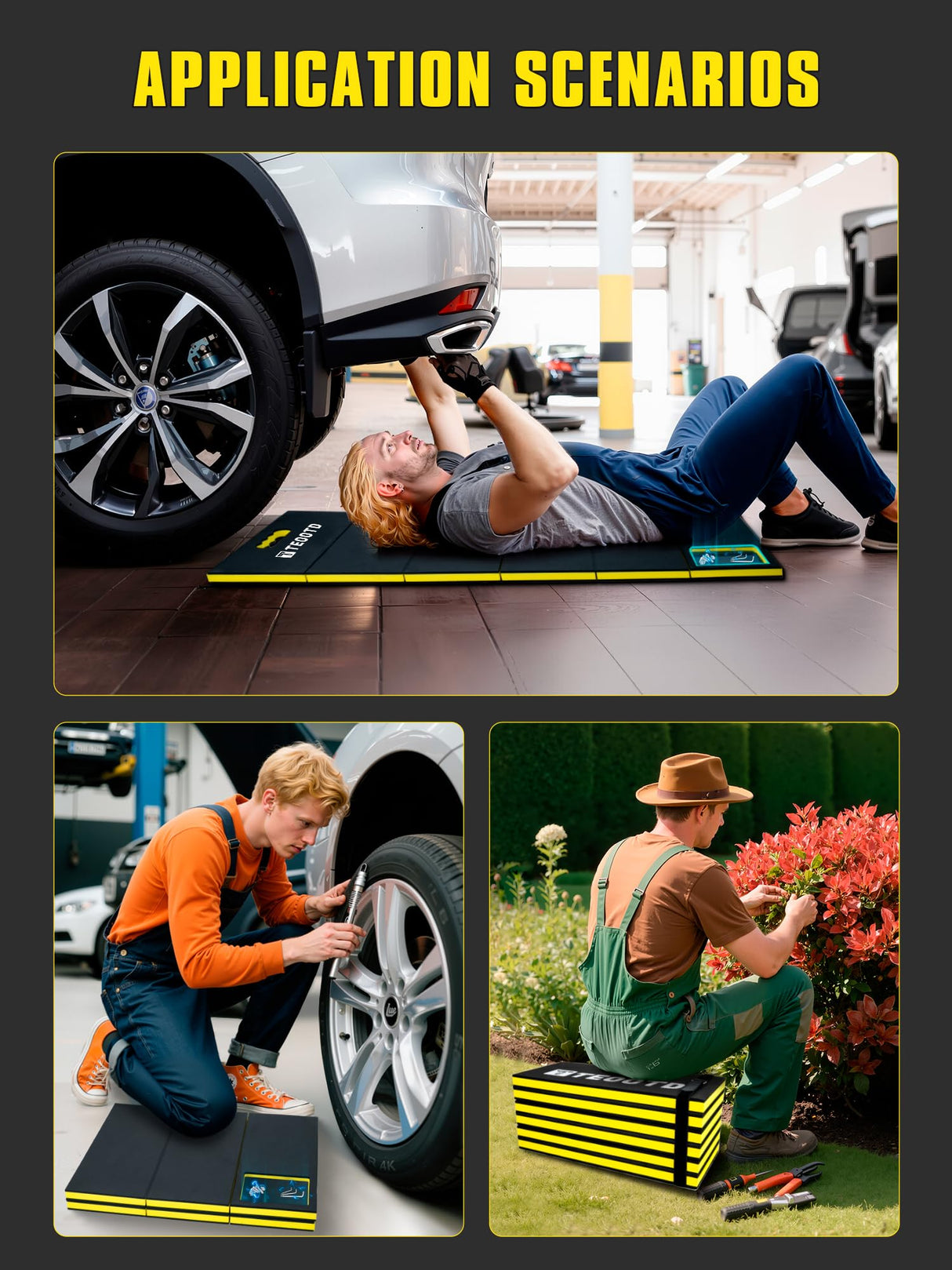 TEOOTD 1.2" Extra Thick Foldable Mechanic Mat, Kneeling Pad with Magnetlc Tool Compartment, Waterproof Comfortable EVA Mat with Handle & Storage Belt for Workshop Repairing,Gardening 47.3x17.3x1.2