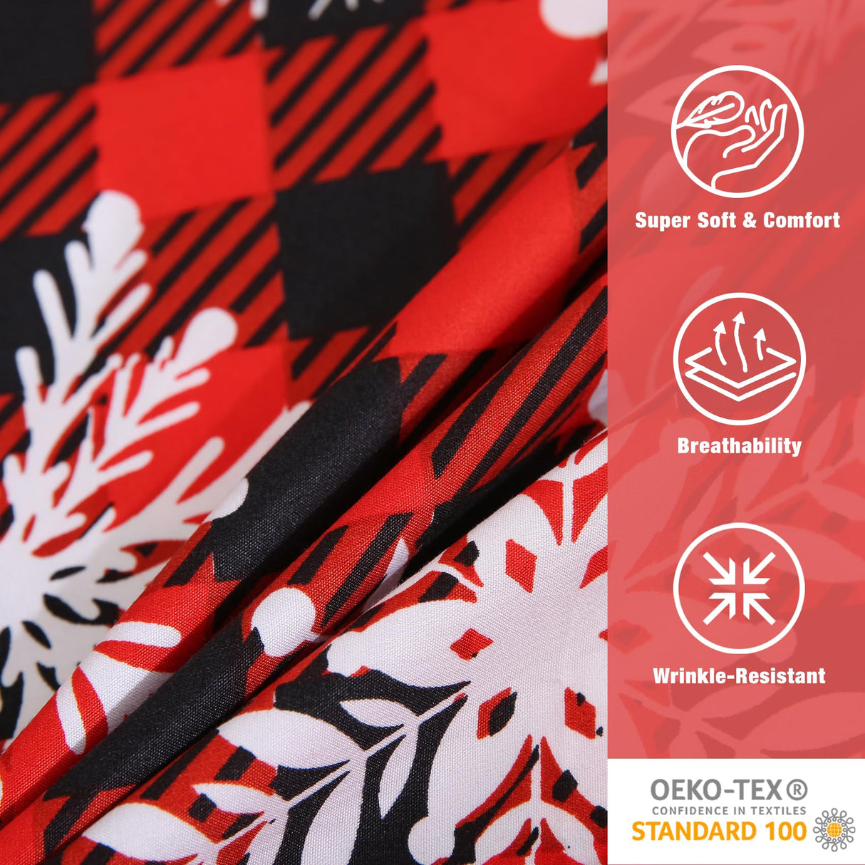 JSD Red Buffalo Plaid Snowflakes Sheet Set Queen Size, 4 Piece Christmas Winter Microfiber Bedding Sheets Extra Deep Pocket