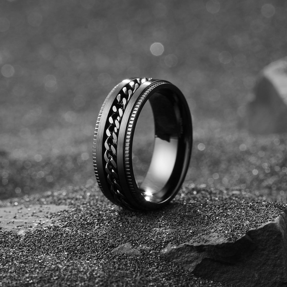 King Will Stainless Steel Fidget Ring 8mm Step Black Chain Spin Size 10