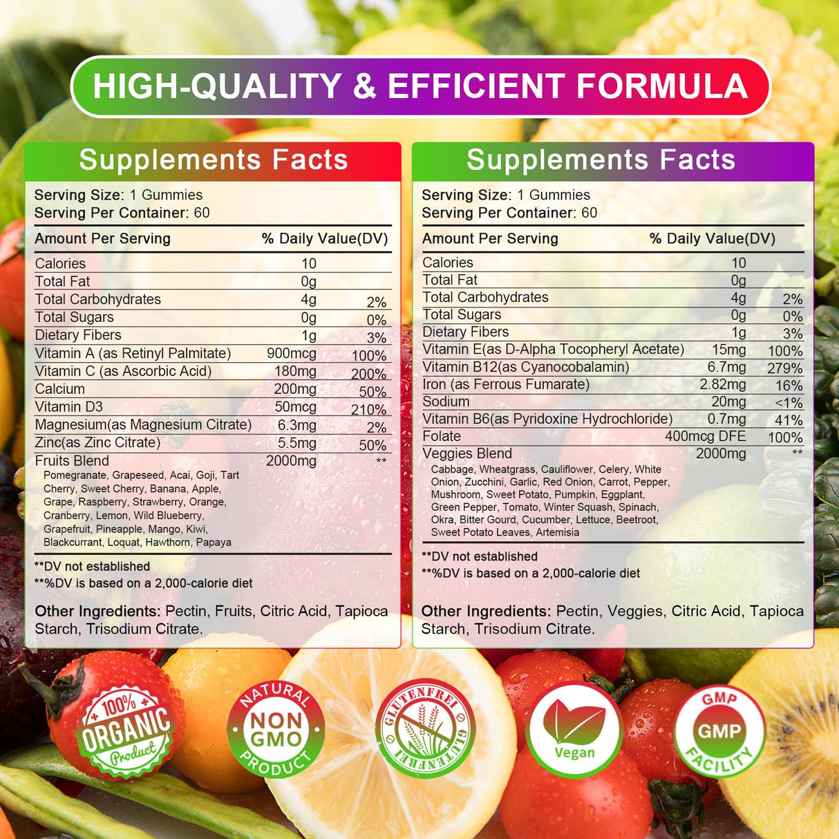Sugar-Free Fruits and Veggies Gummies Supplement, Multi-Vitamins & Minerals in Gummies, Natural Fruits and Vegetables Supplement, Immunity & Antioxidant & Energy Supplements for Women & Men