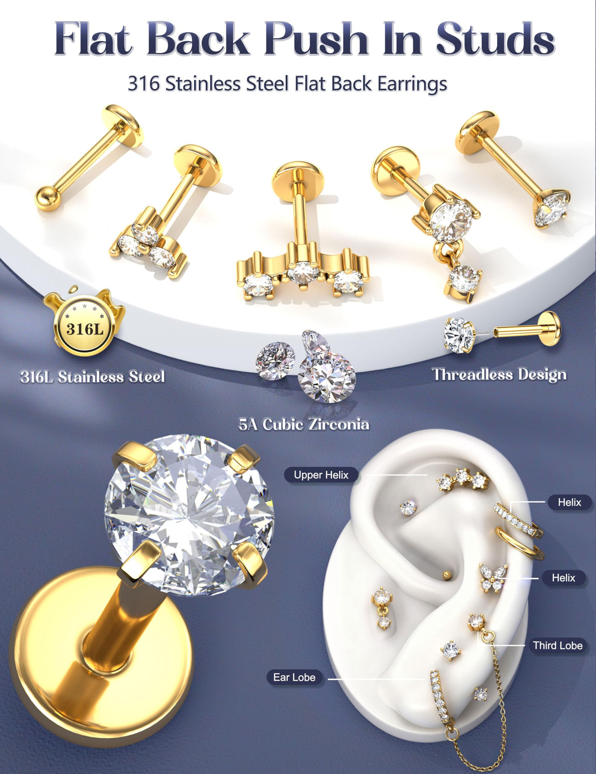 LOLIAS Hypoallergenic Gold Threadless Flat Back Stud Earrings for Women