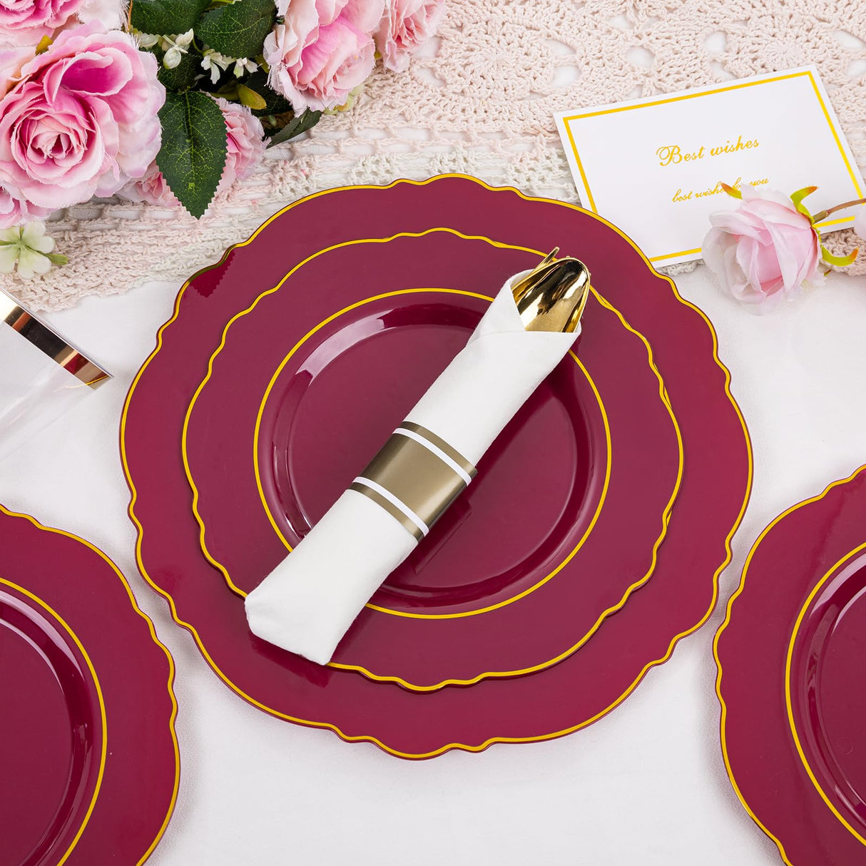 Liacere 350PCS Red Plastic Plates-Disposable Burgundy Red and Gold Plates 50guest Baroque Plastic Dinnerware include 100Plates, 50Pack Pre Rolled Napkins with Silverware 50Cups for Christmas