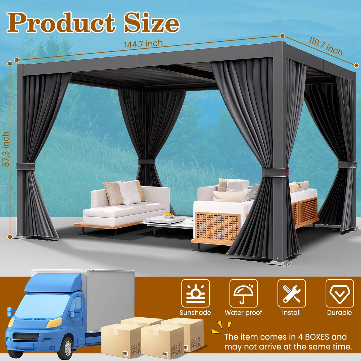 LEVELEVE 10' x 20' Louvered Pergola with Adjustable Roof, Outdoor Metal Patio Gazebo with Curtains & Netting, Gutter System, Large Hardtop Canopy for Garden, Deck, Backyard