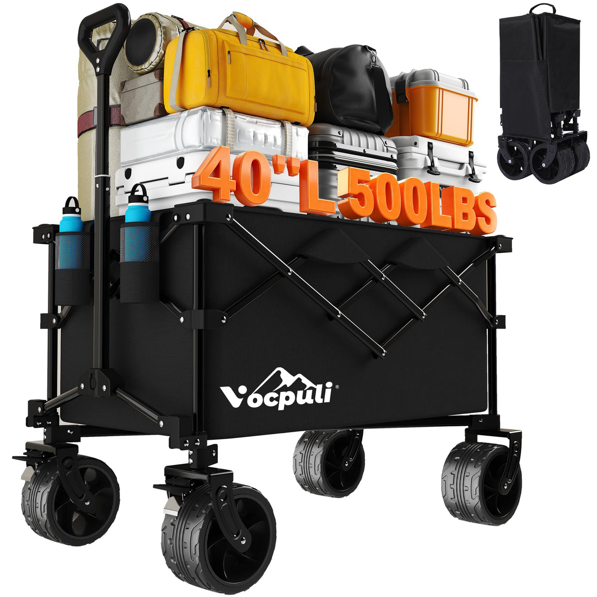 40" L Collapsible Wagon Cart Foldable, 500lbs Weight Capacity 250L Heavy Duty Folding Beach Wagons with Big All-Terrain Wheels, Utility Carts for Groceries, Shopping, Camping, Sports - Black