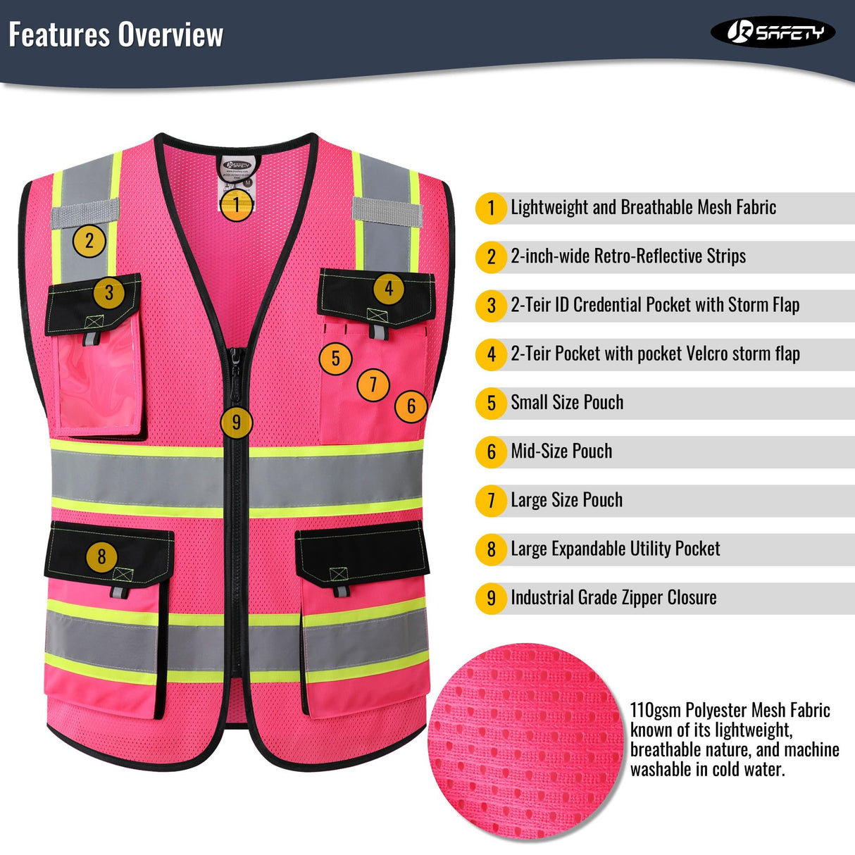 JKSafety Hi Vis Reflective Safety Vests for Men Women High Visibility Vest with Pockets Mesh Fabric Construction Safety Apparel Neon Vest for Work (220-Pink XXL)