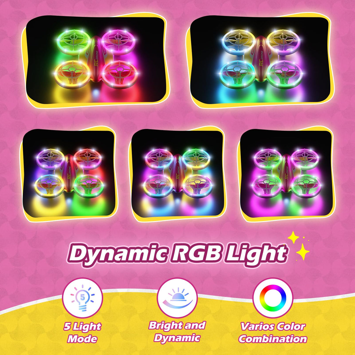 FUNPX LED RC Drone for Kids 6+, Christmas Birthday Gift for Boys & Girls with Remote Batteries, 360° Flips, 3 Speed Modes, 45 Min Flight Indoor and Outdoor Flying Toy - RoseRed Yellow