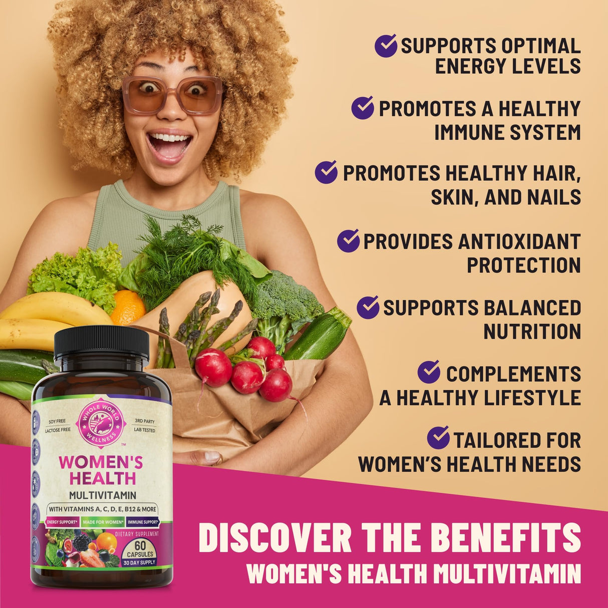 Womens Daily Multivitamin Multimineral Supplement for Energy, Mood, Focus, Hair, Skin & Nails. Made for Women with 30+ Nutrients, Fruit & Energy Blend. Womens Vitamins 60 Capsules. Made in the USA.