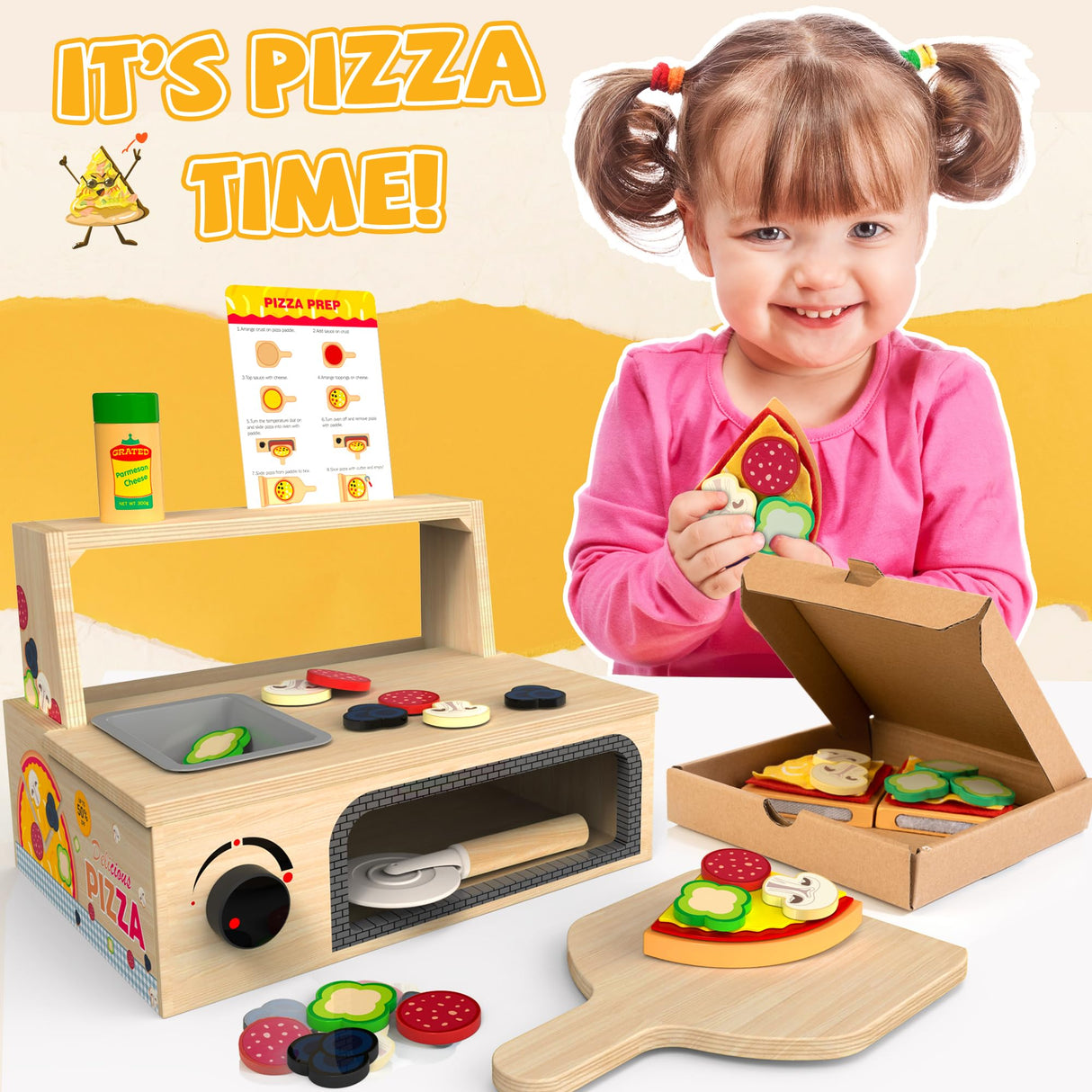 WOODMAM Wooden Pizza Toy - 48 PCS Montessori Pretend Play Food for Ages 3+, Educational Learning Toy Wooden Playset with Bake Oven, Christmas Birthday Gift for 3 4 5 6 Year Old