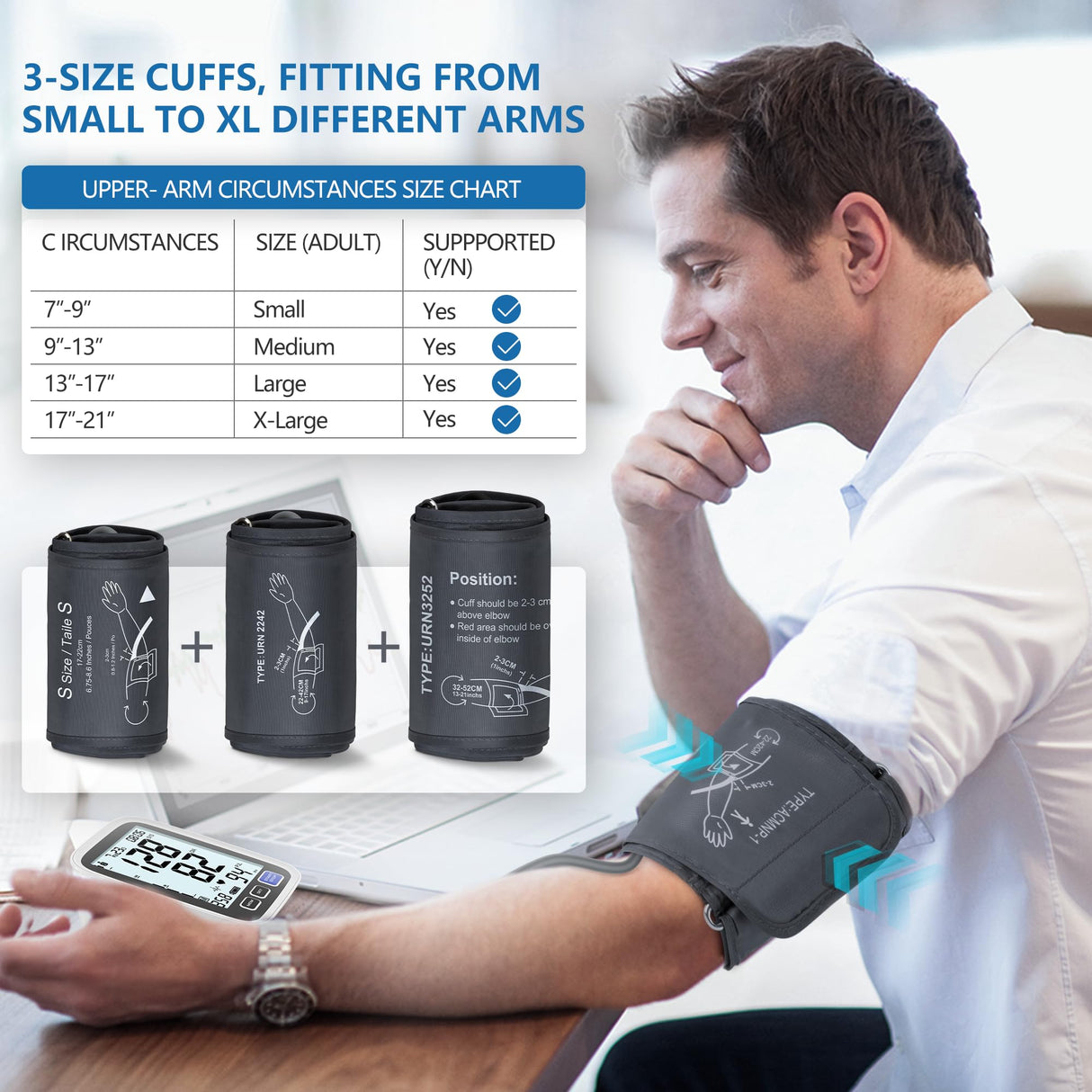 Blood Pressure Machine Upper Arm, 3 Size Cuffs, Small 7"-9", Medium/Large 9"-17" and Extra Large XL Cuff 13"-21", Accurate Automatic Digital BP Cuff Home Use, Large Backlit BP Monitor 3-User 1500 Mem