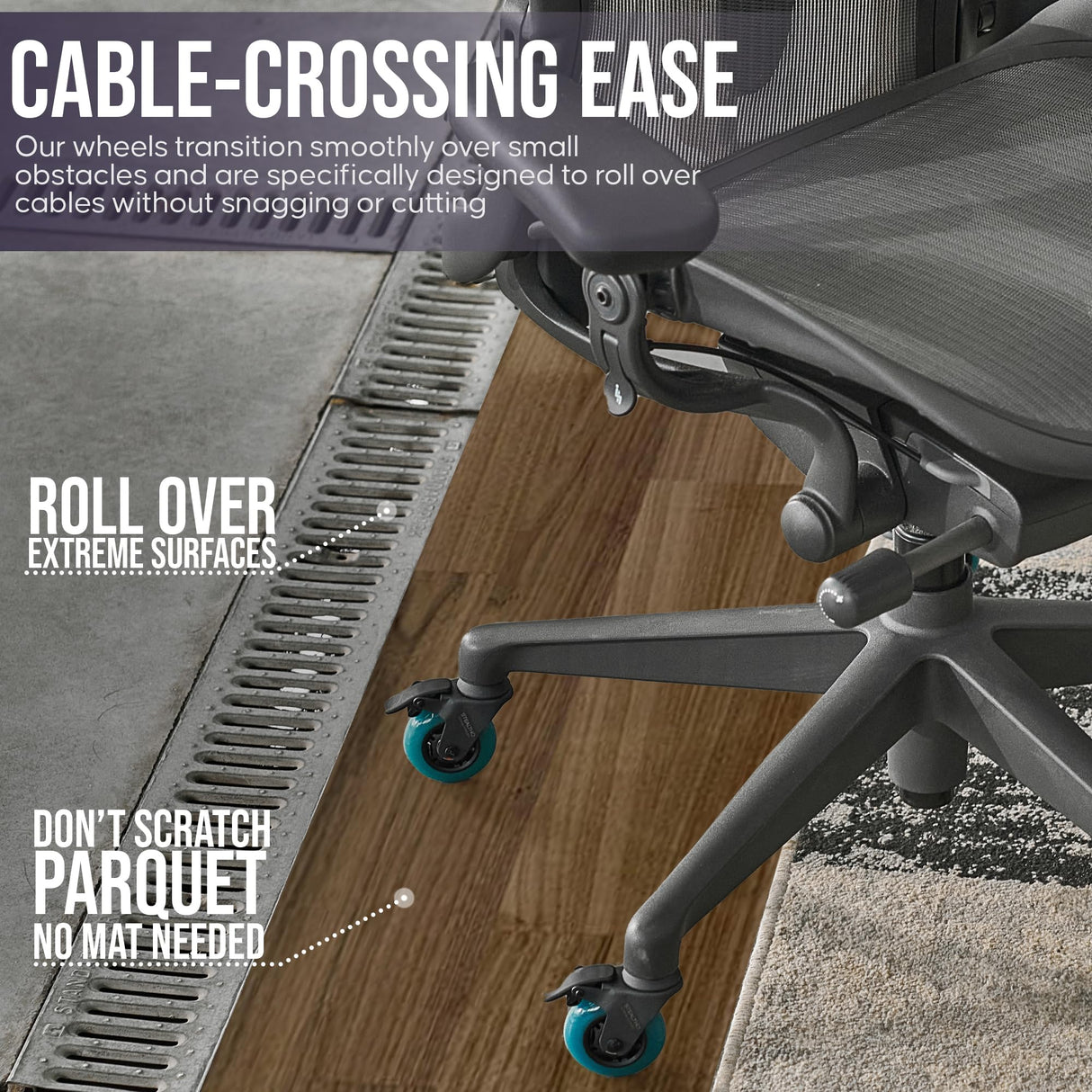 Stealtho Locking Caster Wheels Set of 5 - Heavy Duty Office Chair Casters with Brakes 2 - Replacement Industrial Wheels for Furniture, Cart - Rollerblade Style Navy