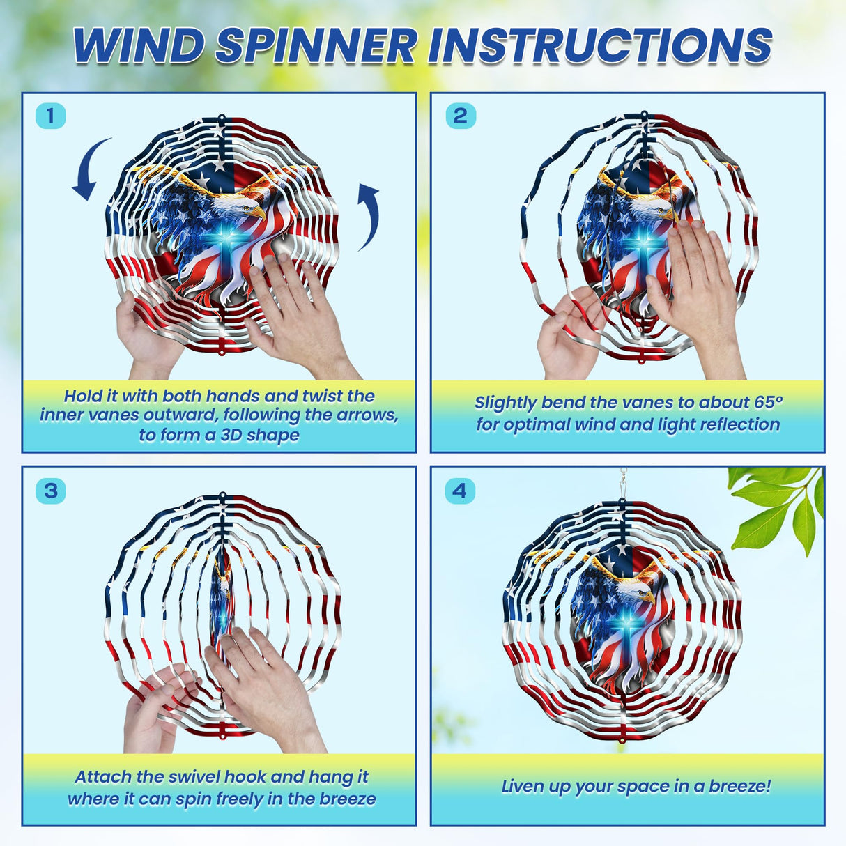 FLAGWIX American Eagle Decorations - 3D Stainless Steel Metal Wind Spinners 12 in - 4th of July Decorations for Window Yard Garden Patio, Patriotic Outdoor Decor, Eagles Gifts for Men Women Friends