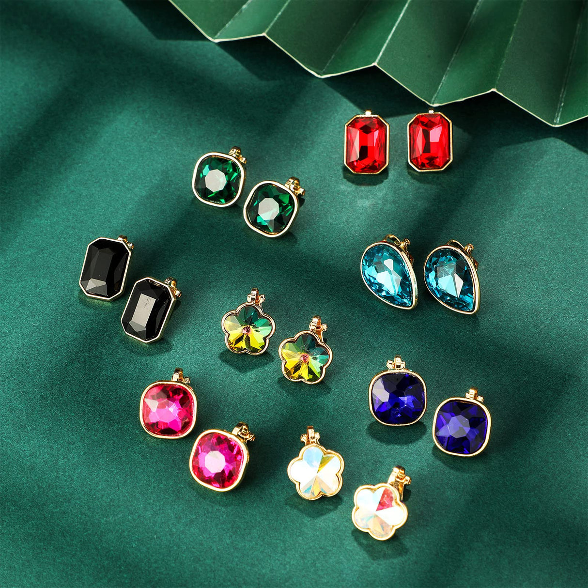 Hicarer 12 Pairs Clip on Earrings for Women Girls, Non-pierced Rhinestone Stud Earrings, Colorful Trendy Iridescent Fake Crystal Earring Clips Set for Birthday Party Wedding Daily Jewelry Gift