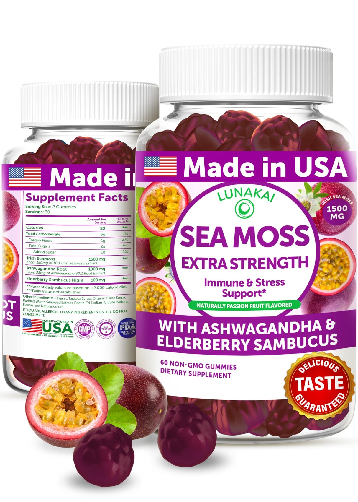 Lunakai USA Made Irish Sea Moss Gummies with Ashwagandha & Elderberry – Delicious Immune & Stress Support Supplement for Men & Women, 60ct