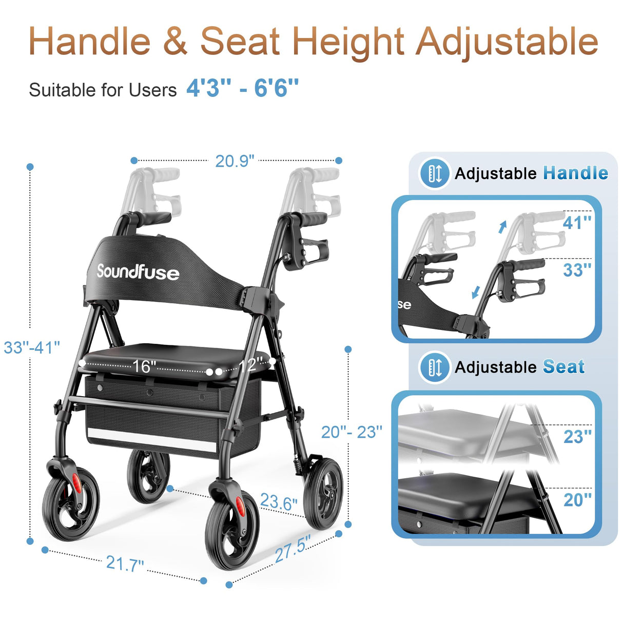 Rollator Walkers with Seat for Seniors, Foldable 8" Big Wheels All Terrain Rolling Walker, Handles and Ergonomic Seat Height Adjustable, 350 lb, FSA HSA Eligible