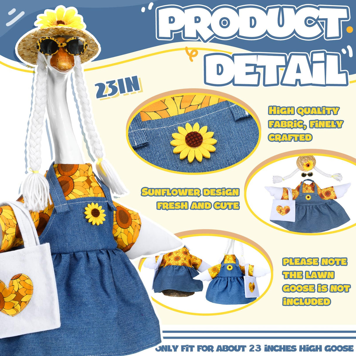 Soulchen 1 Set Summer Porch Goose Outfit 23 Inch Cement Sunflower Goose Dress Clothes and Hat Costume Set for Summer Party Yard Lawn Outdoor Garden Patio Decor