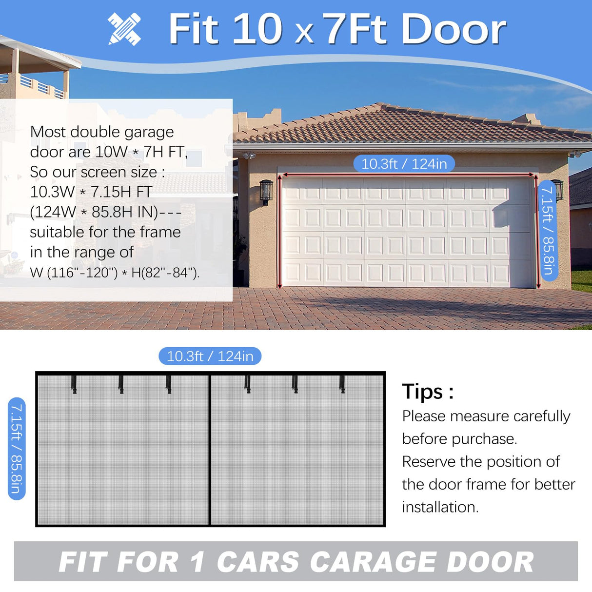 Garage Door Screen for 1 Car Garage 10x7FT, Magnetic Screen Garage with Retractable Fiberglass Mesh and Heavy Duty Weighted Bottom, Easy Assembly & Pass, Hands Free Screen Door Kit