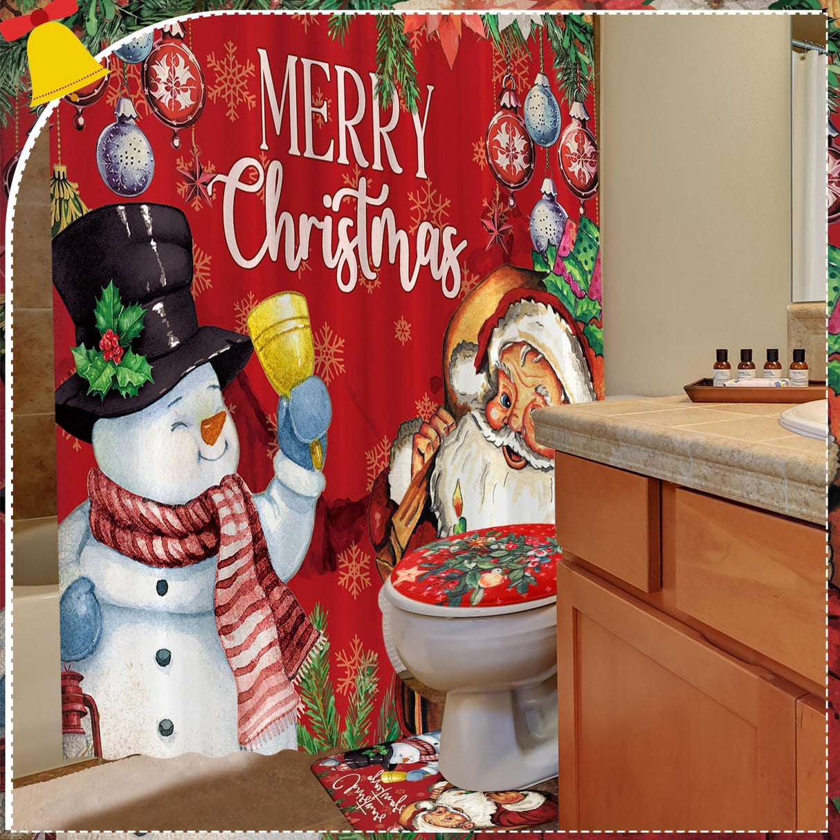 FuWeave 8 Pcs Christmas Shower Curtain Set Xmas Santa Bathroom Decoration Christmas Tree Hand Towels Snowman Toilet Lid Cover Bathroom Rugs Xmas Shower Curtain with Hooks(Snowman Style)