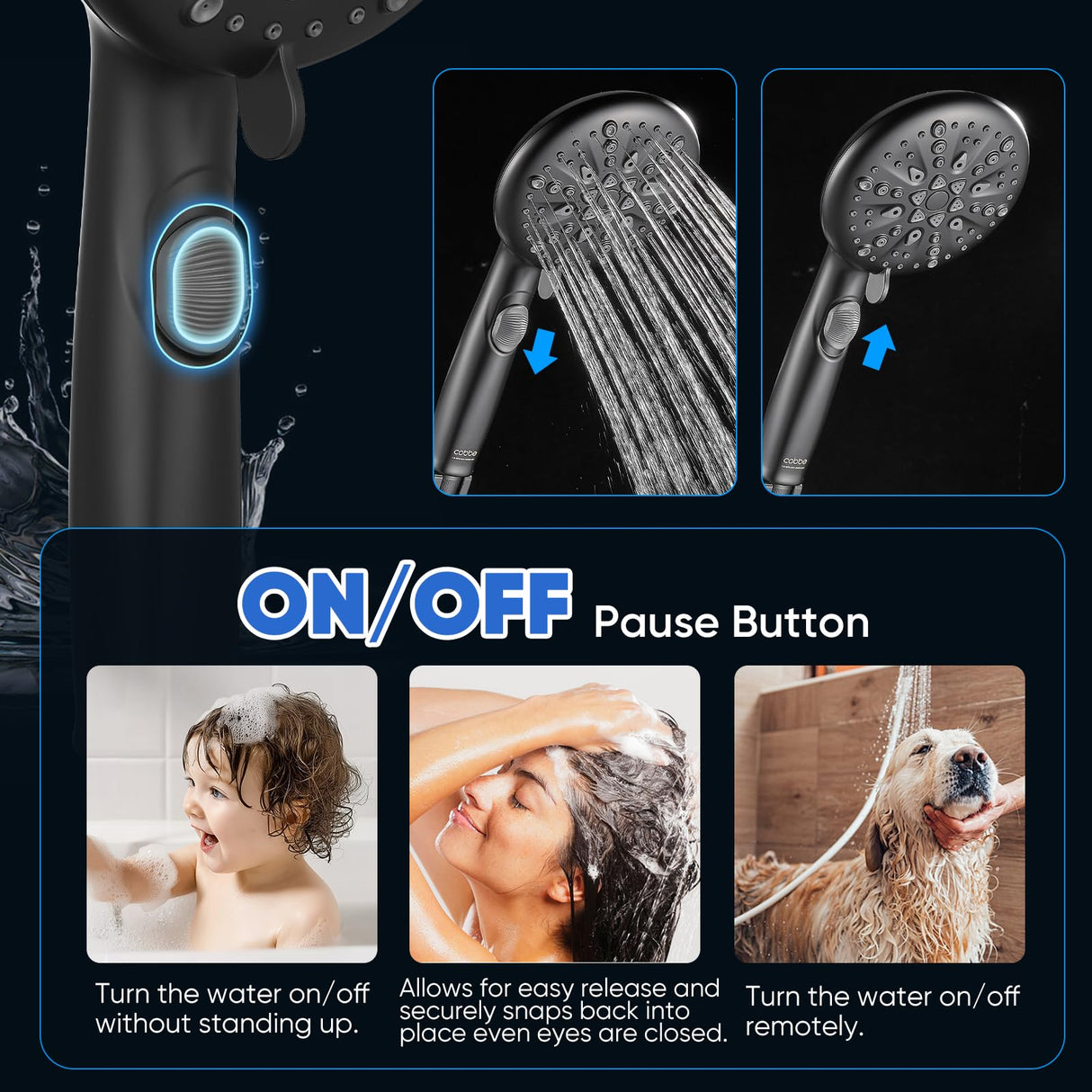 Cobbe 9-Function Shower Head with Built-in Power Spray, 1.8 GPM Water Saving ON/OFF Toggle Switch, High Pressure Handheld Showerhead with 1-Click Pause Button, Brass Bracket & 6ft Hose, Black