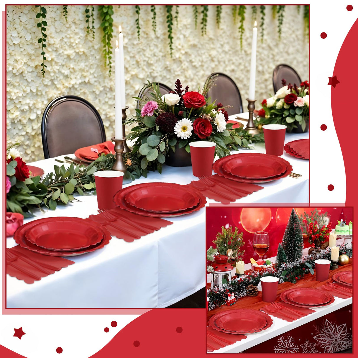 Xiangqu 175 Pcs Red Plates and Napkins, 25 Guest Red Party Supplies Include Christmas Plates and Napkins Cups Plastic Spoons Forks Knives for Birthday, Christmas, Picnic